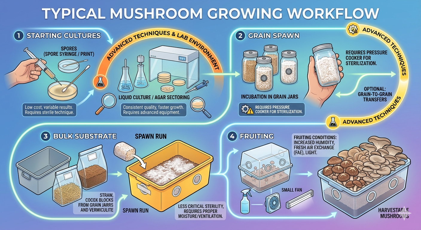 Infographic showing the four stages of mushroom cultivation: starting cultures, grain spawn, bulk substrate, and fruiting
